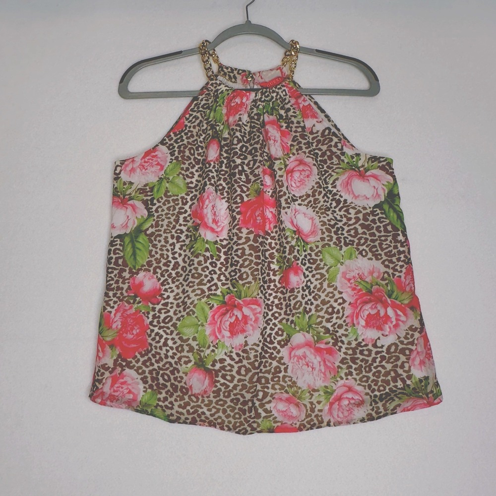 Guess Factory Leopard Print‎ Sleeveless Blouse Gold Chain Straps Size Small